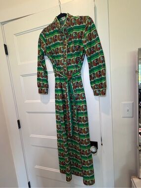 Vintage Green Patterned Midi Dress with Tie Waist